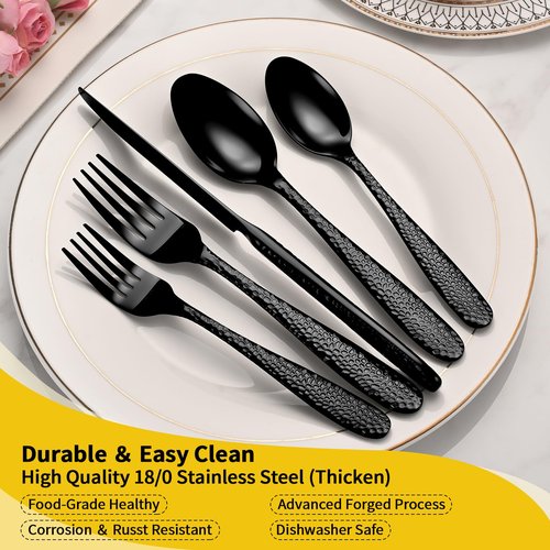 Black Hammered Silverware Set, 20-Piece Heavy Duty Stainless Steel Flatware Sets for 4, Food-Grade Cutlery Set for Home Restaurant, Mirror Polished, Dishwasher Safe
