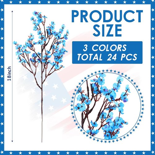 Lyrow Patriotic Artificial Flowers - 24 Pcs Red, Blue & White Floral Arrangements for 4th of July Decor | Perfect for Memorial Day & Table Centerpieces