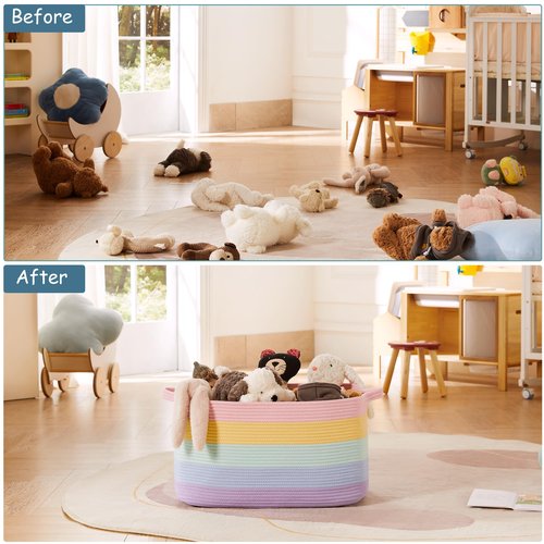 MOJOSCEND Extra Large Storage Basket for Girls Kids 22"x16"x12" Rainbow Toy Box for Girls Blanket Basket for Living Room Woven Storage Box for Cloth -70L