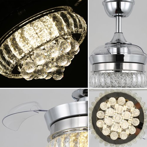 22" LED Crystal Ceiling Fan with Light Bedroom Small Fandeliers Dimmable 6 Speed Timing Chandeleir Fan with Lights for Bedroom Living Room (2201 Silver)