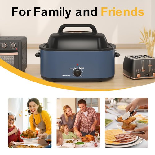 Sunvivi Roaster Oven, Electric Roaster Oven with Viewing Lid, 28lb 24-Quart Turkey Roaster with Unique Defrost/Warm Function, Large Roaster with Removable Pan & Rack, Stainless Steel, Blue