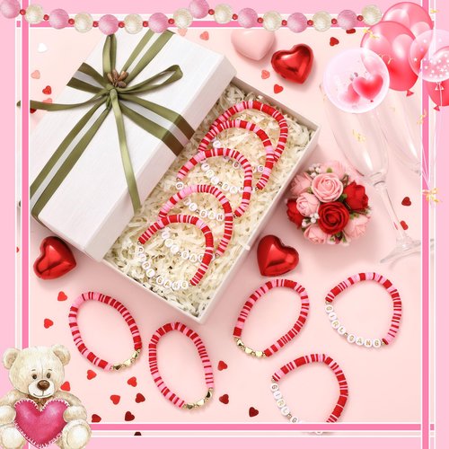 Kigeli 24 Pcs Galentines Day Bracelets Gift Bulk Girl Gang Valentines Gifts Polymer Clay Beaded Galentines Gang Bracelets Valentine Party Favors for Women Sleepover Goodie Bag Stuffers(Pink, Red)
