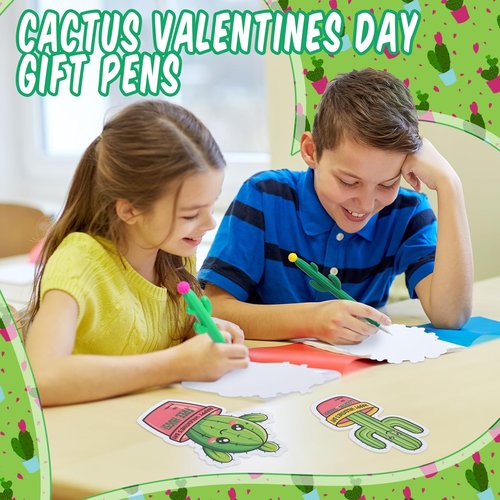 Sayglossy 24 Sets Funny Succulent Valentine's Day Card and Cactus Ballpoint Pen Set Valentine Exchanges Cards Succulent Gift Novelty Cactus Pens for Kids School Classroom Gift Exchanges