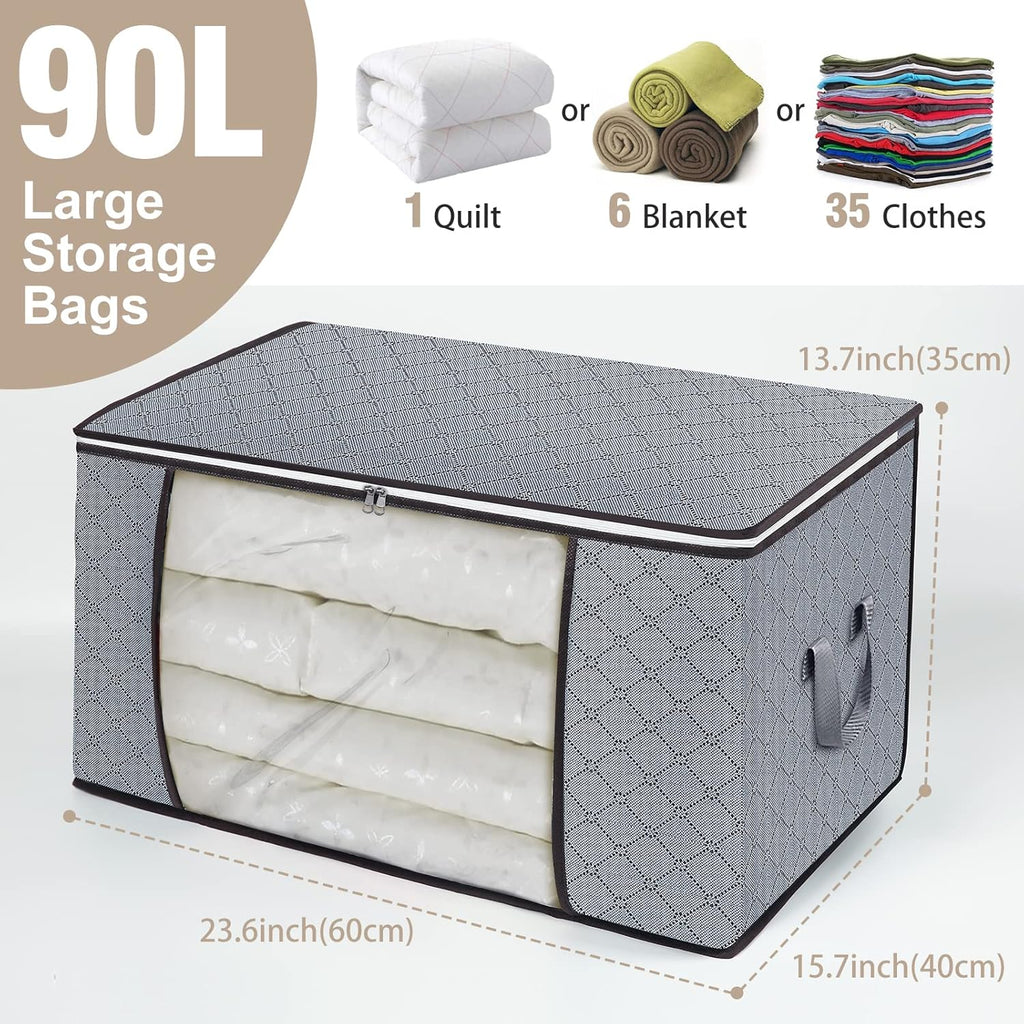 Skiennix 90L Large Storage Bags - 4 Pack Foldable Closet Organizers with Durable Handles | Grey