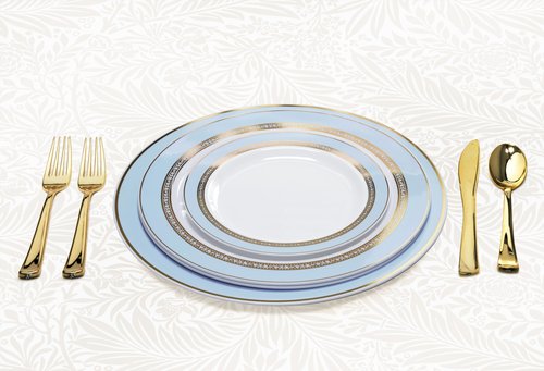 " OCCASIONS " 40 Piece Chargers pack Wedding Party 12'' Disposable Plastic Charger Plates/Chargers (Ritz Blue & Gold)
