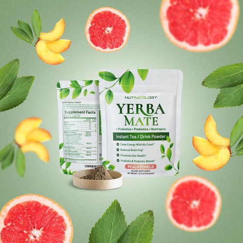 Yerba Mate Instant Tea Powder - 3-In-1 Super Drink - Clean Energy - Formulated With Nootropics To Boost Focus & Clarity - With Prebiotics & Probiotics To Boost Gut Health | Peach Pomelo - 30 Servings