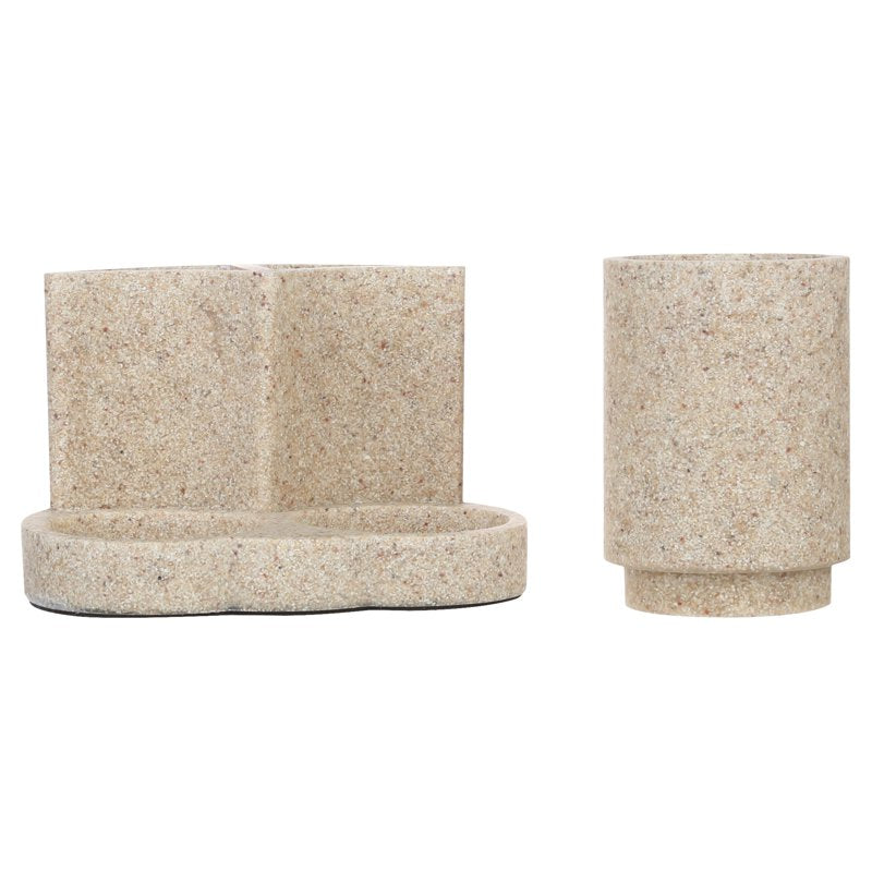 Sandstone Bathroom Accessory Set - 3-Piece Countertop Organizer in Beige