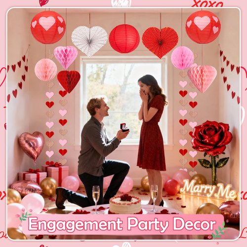 Hanging Valentines Decorations for Ceiling - 17 Pcs Valentines Day Hanging Decor with Honeycomb Hearts, Paper Fans & Lanterns - Vibrant Valentine Day Decorations for Office , Home & Classroom