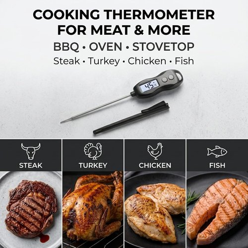 Meat Thermometer by [Brand Name] - Digital Instant Read with Backlight | Waterproof for BBQ, Grilling, and Baking (Black)