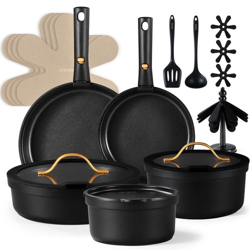 CAROTE 19pcs Pots and Pans Set Non Stick, Nonstick Cookware Set, Dishwasher/Oven/Fridge Safe Pots and Pans, Removable Handle RV Oven Safe Cookware, Induction Kitchen Set, Black