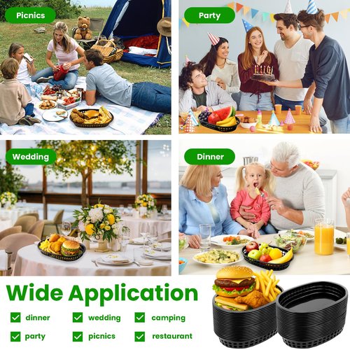100 Pack Fast Food Baskets, 10.5 x 7 Inch Black Restaurant Tray Plastic Food Serving Baskets Bulk for Deli Serving, Chicken, Burgers, Picnics, Parties (100)