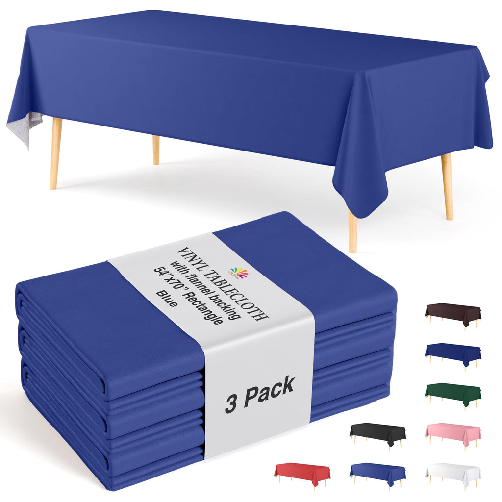 Exquisite Blue Vinyl Tablecloths - 54 in. X 70 in. - Pack of 3 Rectangle Tablecloths with Flannel Backing - Plastic, Reusable & Waterproof