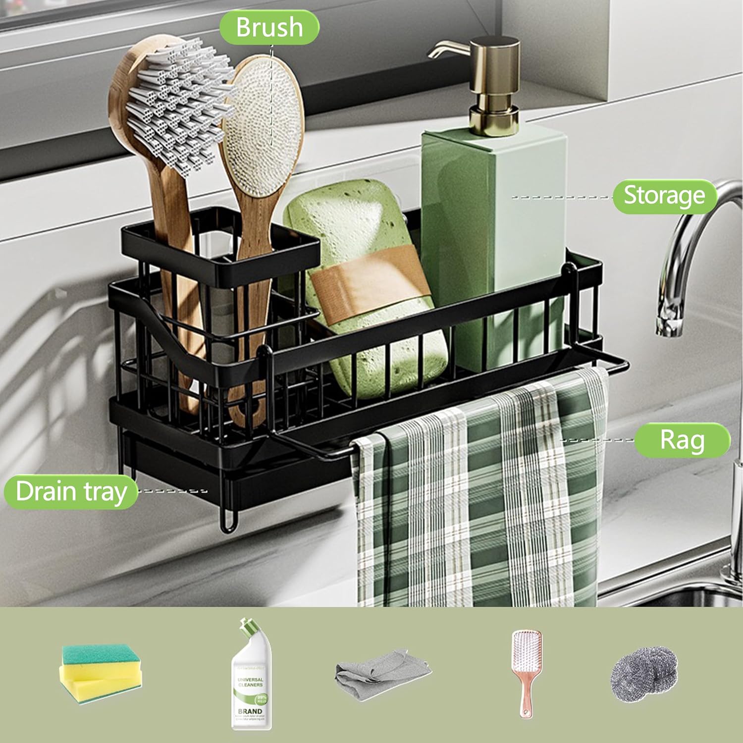 Skiennix Kitchen Sink Caddy Organizer - Rustproof Sponge Holder & Multi-Functional Soap Dispenser | Countertop Storage Solution