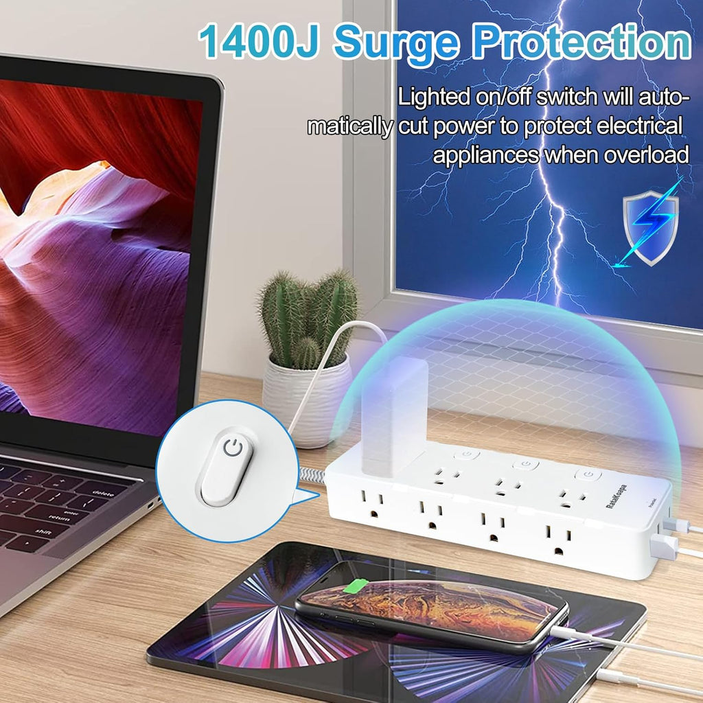 Skiennix 10 Ft Surge Protector Power Strip - 8 AC Outlets & 4 USB Ports with Individual Switches | Flat Plug Extension Cord for Home & Office
