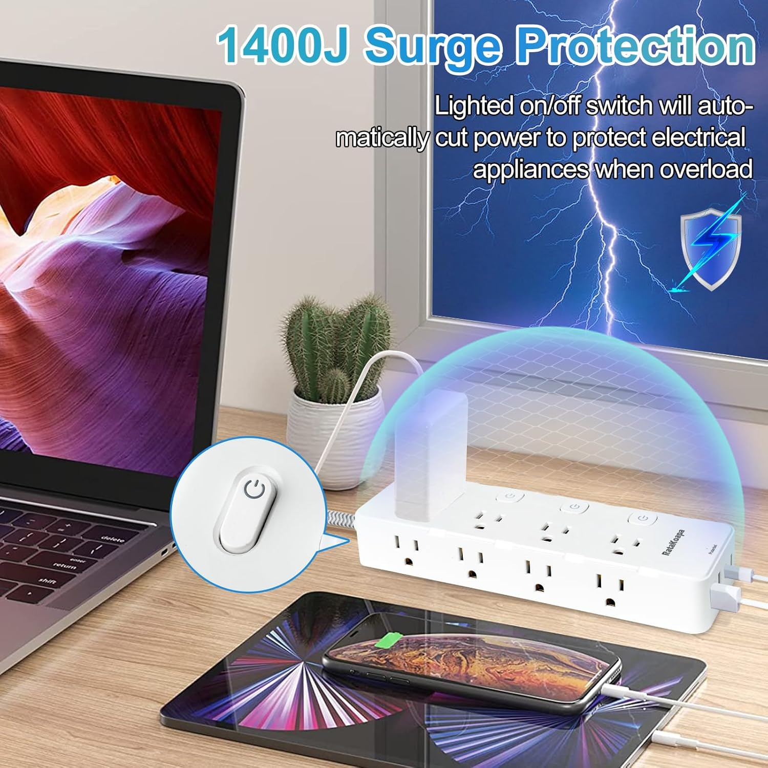Skiennix 10 Ft Surge Protector Power Strip - 8 AC Outlets & 4 USB Ports with Individual Switches | Flat Plug Extension Cord for Home & Office