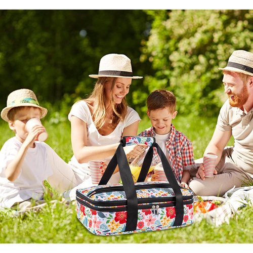 Double Decker Casserole Carrier Fits Pioneer Woman Kitchen Stuff & 9x13 Baking Dish, Expandable Lasagna Lugger Tote, Leakproof Thermal Food Warmer Bag for Potluck, Travel, Hot/Cold Food & Mom Gifts