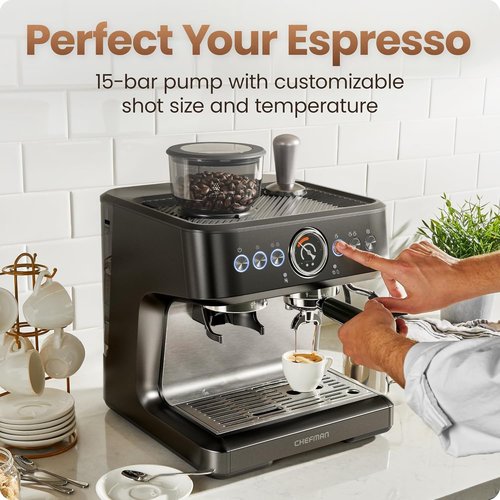 Chefman Crema Deluxe Espresso Machine - Double Boiler & Milk Frother for Simultaneous Brewing | Professional Coffee Maker with Grinder & 30 Grind Settings