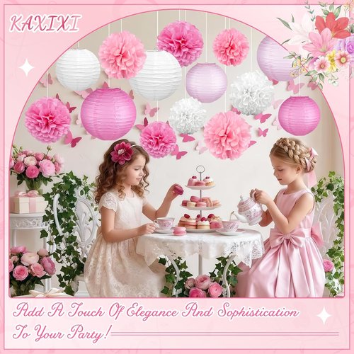 KAXIXI Pink Party Decorations - 15 Pcs Hanging Lanterns & Tissue Pom Poms for Baby Showers & Birthdays