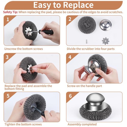4pcs Steel Wool Scrubber with Replacement Wire Sponge Pads Set, Stainless Steel Scrubber with Handle for Scouring Stubborn Messes from Cast Iron, Pots, Pans, Grill, Stoves, Sink(2 Scrubber+2 Pads)