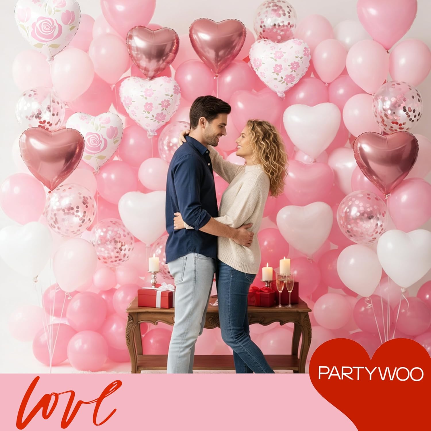PartyWoo Pink Balloons - 127 Pcs in Various Sizes & 15 Pcs Heart Foil for Valentine's Day Decor