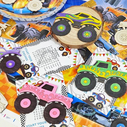 GOGREENWOVEN Monster Truck Party Favors - 24 PCS Truck Car Birthday Party Supplies - Car Cards & Paint Crafts - Monster Trucks Birthday Decorations Goodie Bags Gifts Prizes for Kids Boys Toddler