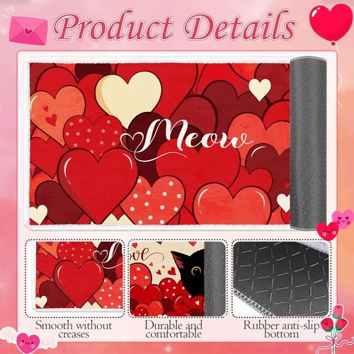 Valentines Day Kitchen Rugs Set of 2, Non Slip Black Cat Red Heart Valentines Kitchen Mats, Hello Love Floor Mat Decor for Indoor Outdoor Valentine Anniversary Home Decorations 17x47 and 17x29 Inch