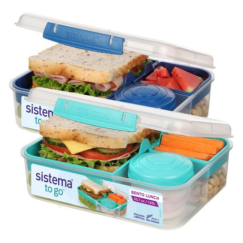 Sistema TO GO Bento Box Cubes | 1.65 L | School Lunch Boxes With Compartments & Snack Pots | BPA-Free | 2 Count | Minty Teal & Ocean Blue
