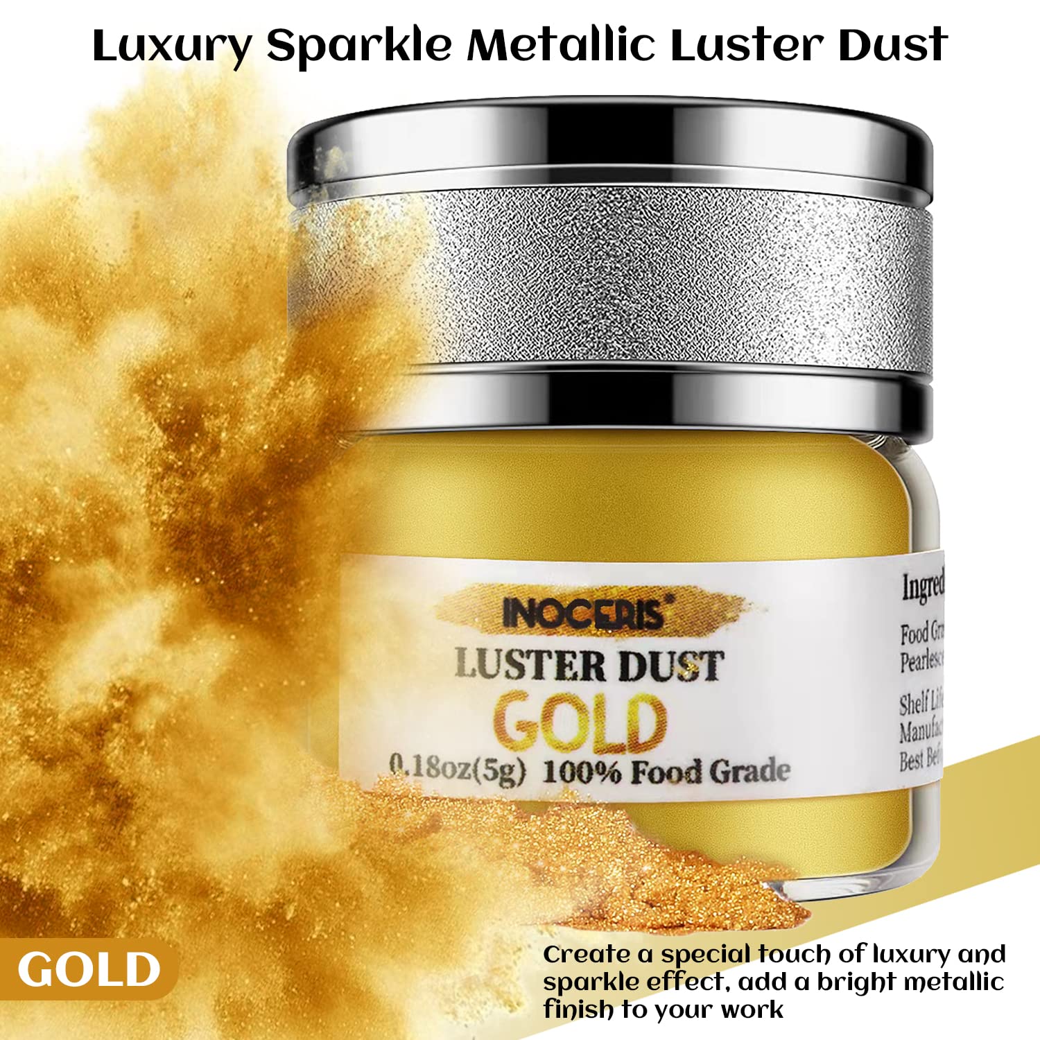 **INOCERIS Edible Luster Dust - 5g Food Grade Metallic Gold Cake Decorating Powder**