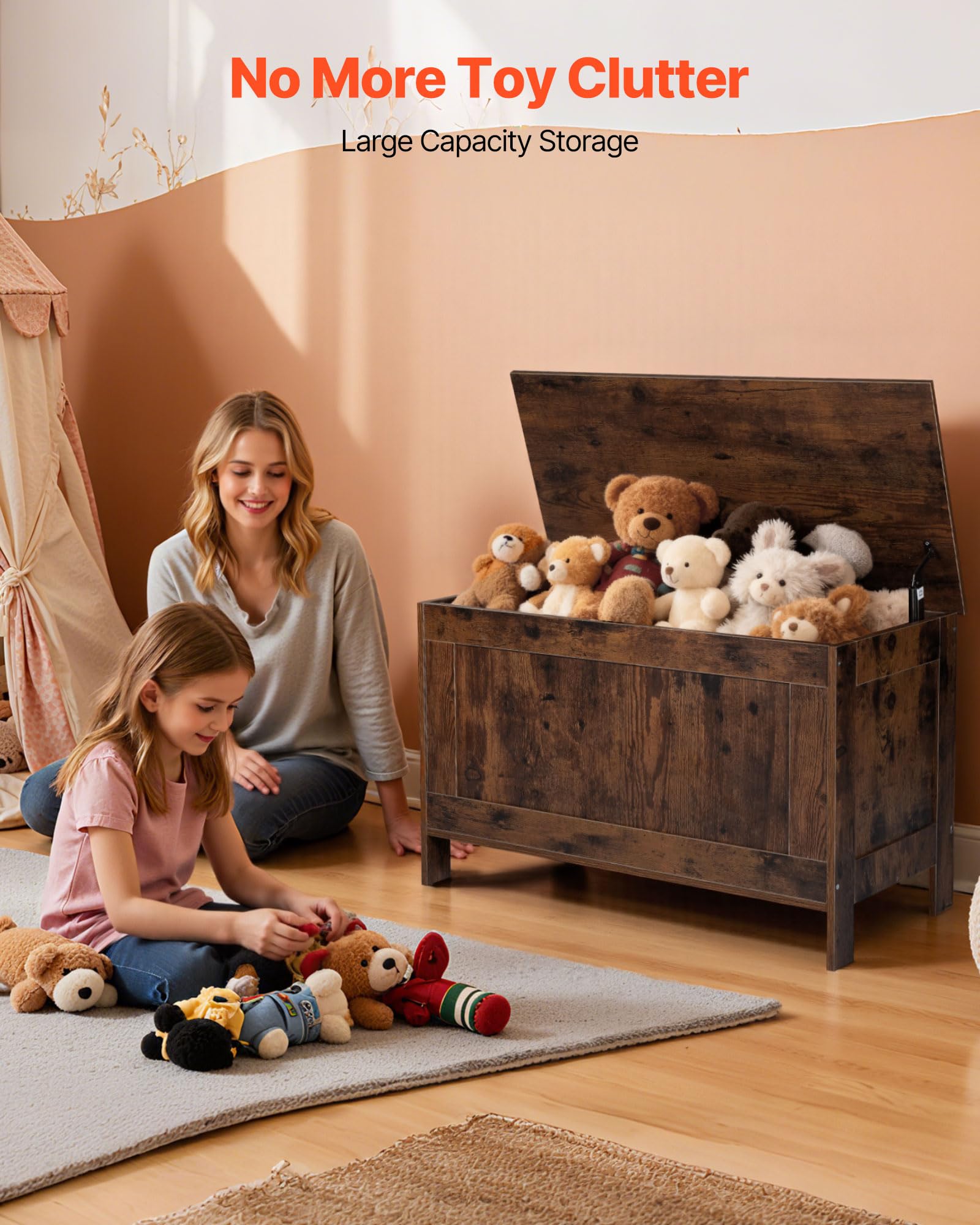 VEVOR Kids Storage Bench, Wooden Toy Box Chest, Large Storage Cabinet with Safety Hinge, Toddlers Retro Storage Bench for Playroom, Living Room or Entryway, 29.7 x 15.3 x 18.9 in, Easy Assembly, Brown