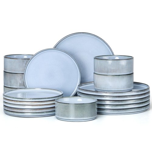 E-far Stoneware Dinnerware Sets, 18-Pieces Modern Plates and Bowls Sets, Kitchen Dinning Porcelain Dishes Set for 6, Chip & Scratch Resistant, Dishwasher & Microwave Safe, Dusty Blue