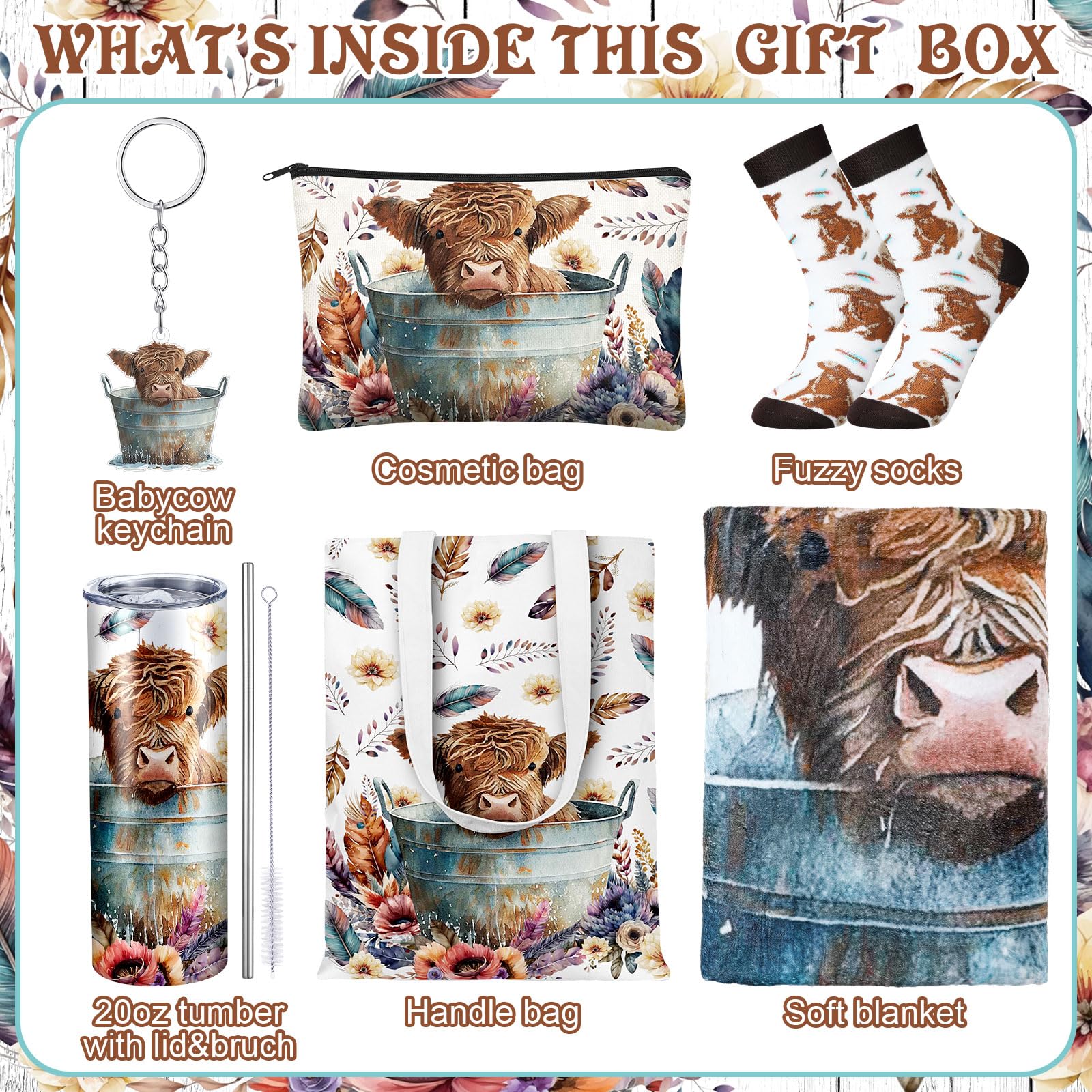 Tiangrid 6 Pcs Highland Cow Gifts for Women Include 20 oz Stainless Steel Tumbler with Lid and Straw Cosmetic Bag Throw Blanket Keychain Socks Handbag for Women Girls(Multicolor)