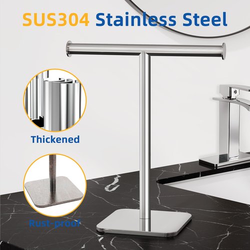 RUACQ T-Shape Hand Towel Holder Stand, 12inch Weighted Base Towel Rack, Countertop Towel Holder for Bathroom, 304 Stainless Steel, Heavy Duty (Chrome)