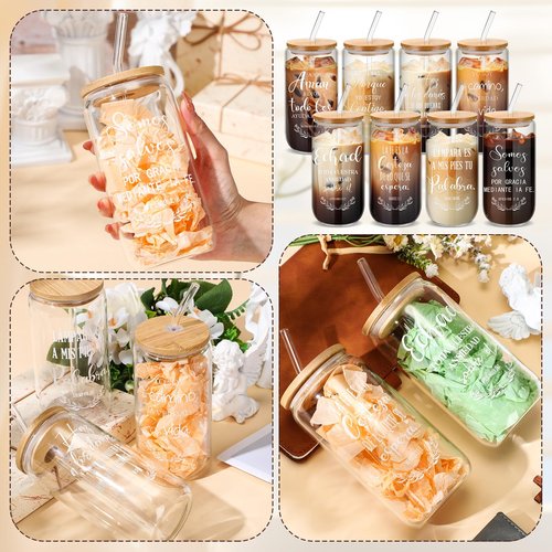 Funnymoom 24 Pcs Spanish Christian Gifts for Women Mom Regalos Cristianos Para Mujer 16 oz Religious Glass Cups with Bamboo Lids and Straws Brushes Bible Verse Coffee Tumbler for Church Gifts