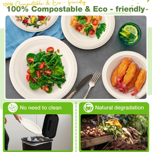 Havawish 300 Pcs White Compostable Paper Plates and Bowls Set 7 Inch 9 Inch Disposable Plate 12oz Biodegradable Bowls for Party Dinner Bulk Party Supplies