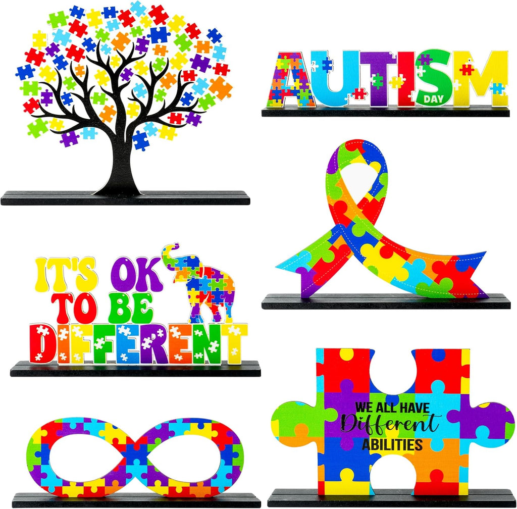 Skiennix Autism Awareness Wood Tiered Tray Centerpieces - 6Pcs Puzzle Pieces Letter Decor for Inspirational Desk & Shelf