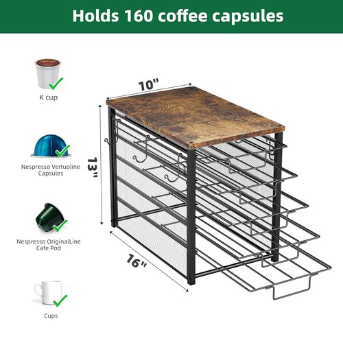 Simple Trending 5 Tier Coffee Pod Holder for K Cup, 160 Pod Pack Capacity Rack, Wood, Black
