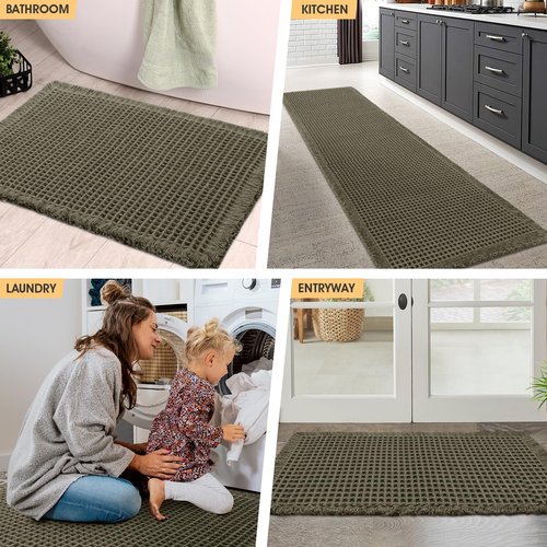IM HOME Waffle Bath Mat Set 3 Piece Olive Green,Woven Modern Bath Rug Mats, Absorbent Non Slip Bath Floor Mat, Soft Washable Boho Bath Rugs with Tassels for Bathroom, Bedroom, Kitchen,Tub