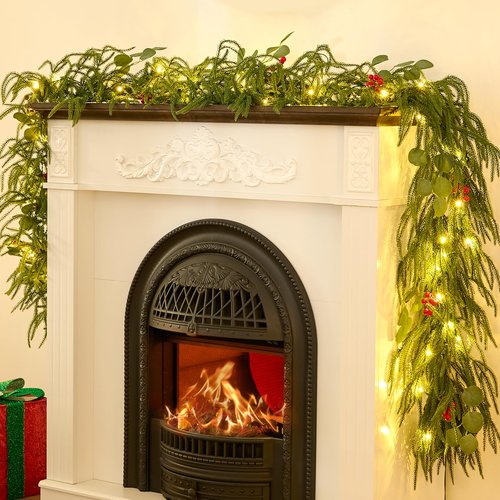 9FT Christmas Garland with Lights, Battery Operated Garland with Red Berries and Eucalyptus Leaves, Real Touch Artificial Prelit Garland for Mantle, Fireplace, Table, Stairs & Christmas Decorations