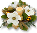 Skiennix 18" Centerpiece - Flameless LED Candle Holder with White Magnolia & Gold Baubles for Holiday Decor