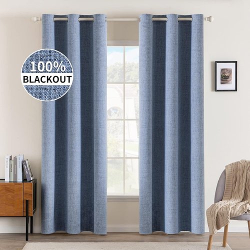 MIULEE Linen Blackout Curtains - 100% Room Darkening Thermal Insulated Grommet Panels | 42" x 84" Stone Blue (2 PCs)