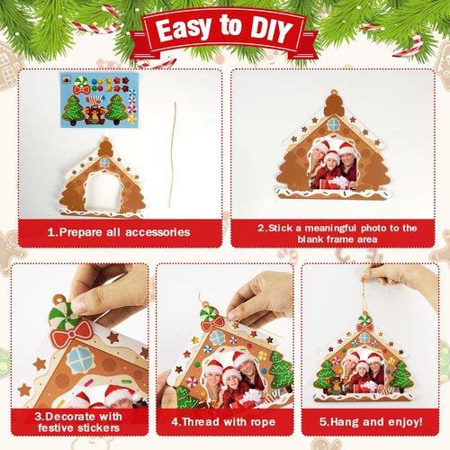 28 Pack Christmas Picture Frame Craft Kit for Kids, Xmas DIY Gingerbread Man House Picture Frames Paper Crafts Christmas Hanging Ornaments for Xmas Tree Holiday Winter Decor Class Art Game Activities