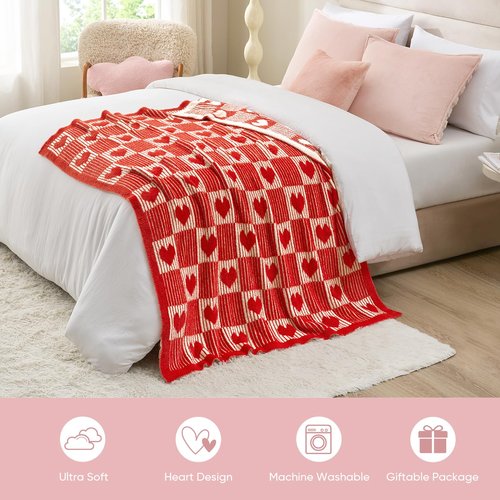 Snuggle Sac Red Heart Checkered Blanket for Women,Valentines Day Heart Blankets for Her Wife Girlfriend Mom,Super Soft Warm Fluffy Faux Fur Blanket for Couch Sofa Bed,Red Heart,50x60 inches