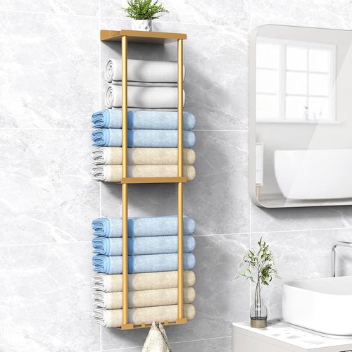 Liuoud Towel Rack - Wall Mounted Vertical Towel Storage Organizer with Shelf | Holds 6 Large Bath Sheets - Gold