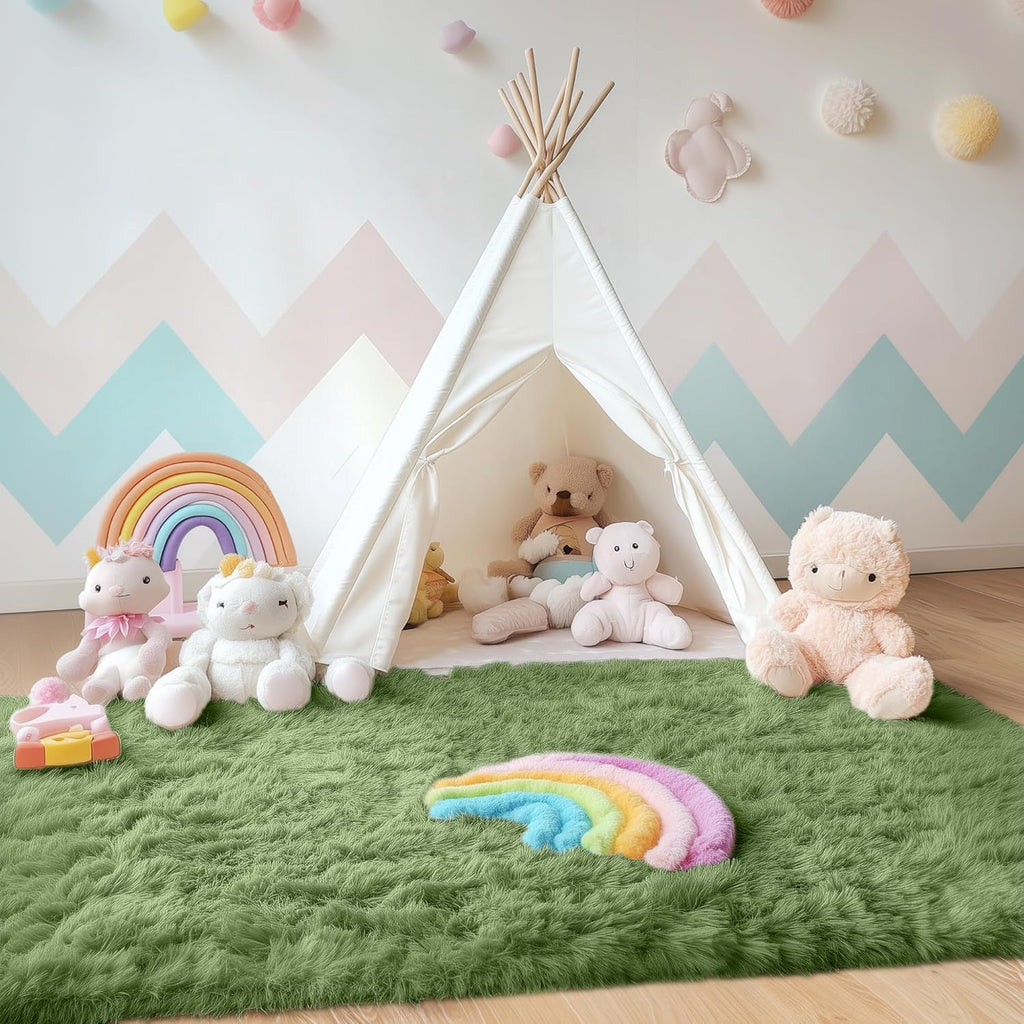 OLANLY Area Rug - Soft Fluffy Shaggy Design | Machine Washable 4x5.9 ft | Perfect for Living Room, Bedroom & Nursery - Green