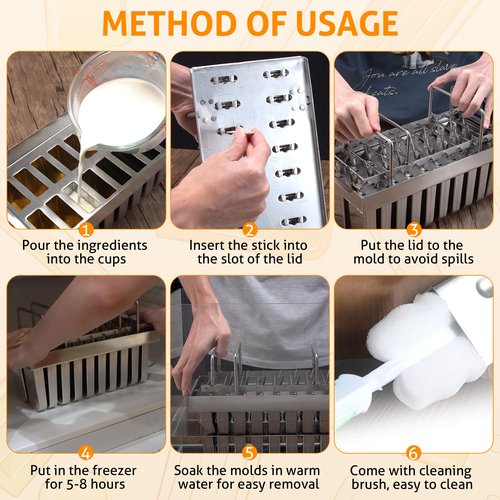 WICHEMI Commercial Popsicle Molds Stainless Steel Ice Pop Molds 20PCS Metal Ice Lolly Popsicle Mold Ice Cream Maker Mold Stick Holder with Lid Single Cup Capacity 85g