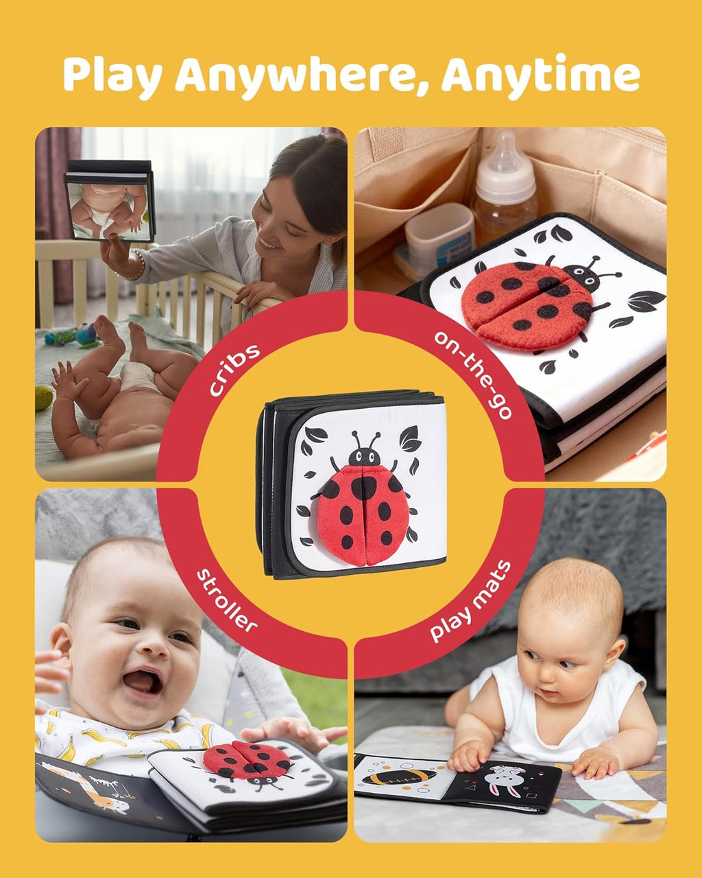 Skiennix Black and White Baby Books - Tummy Time Mirror & Soft Montessori Sensory Toy for Infants 0-6 Months