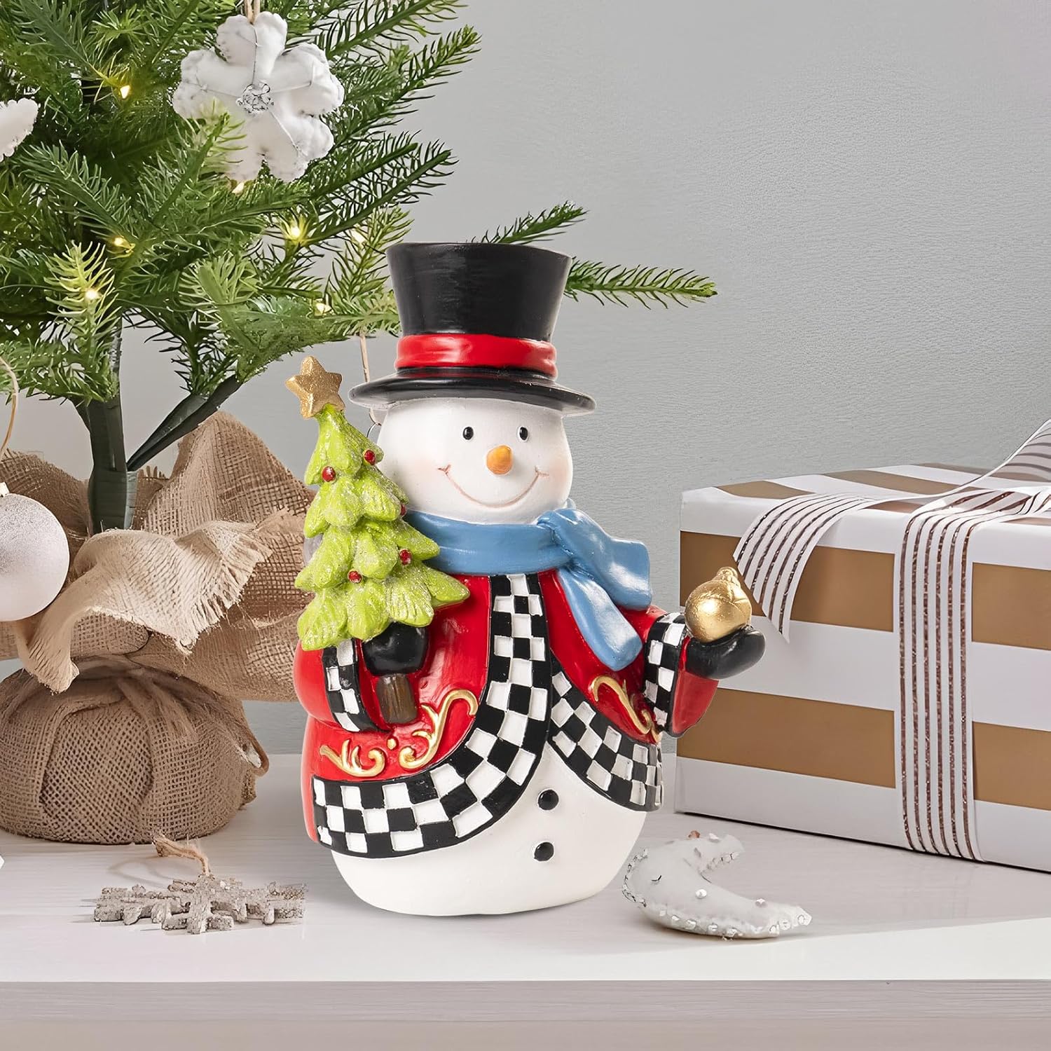 Snowman Figurines - 7.1x4.9 Inch Resin Christmas Decorations | Black and White Checkered Indoor Decor