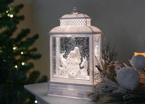 DEMDACO Distressed White Nativity LED 10 x 6.25 Acrylic Musical Snow Globe Christmas Lantern Plays Silent Night Away in A Manger