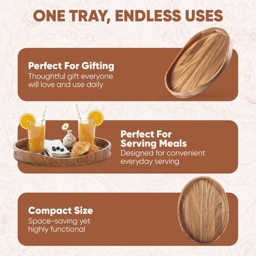 Serving Tray with Handles, Acacia Wood Oval Tray 17.3x12.9x1.9 Inch Large Wooden Coffee Table Ottoman Tray Breakfast in Bed Tray Decorative Rustic Farmhouse Home Décor Tray for Drinks Snacks & Candles