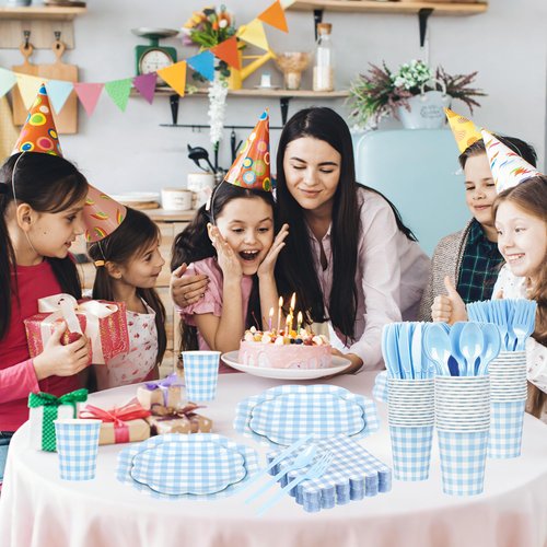 Houuqe 400 Pcs Gingham Party Supplies for 50 Guests Blue and White Scalloped Paper Plates and Napkins Knives Spoons Forks Cups Disposable Checkered Dinner Party Set for BBQ Baby Shower Wedding